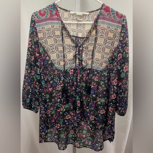 American Rag Cie‎ Boho 3/4 sleeve Multi colored Floral Blouse Hi-Lo hem size S